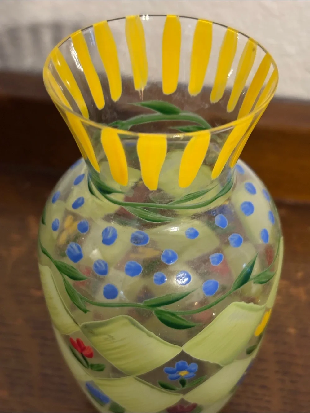 Hand-Painted Small Floral Glass Vase in Yellow and Green Cottagecore Grandmacore